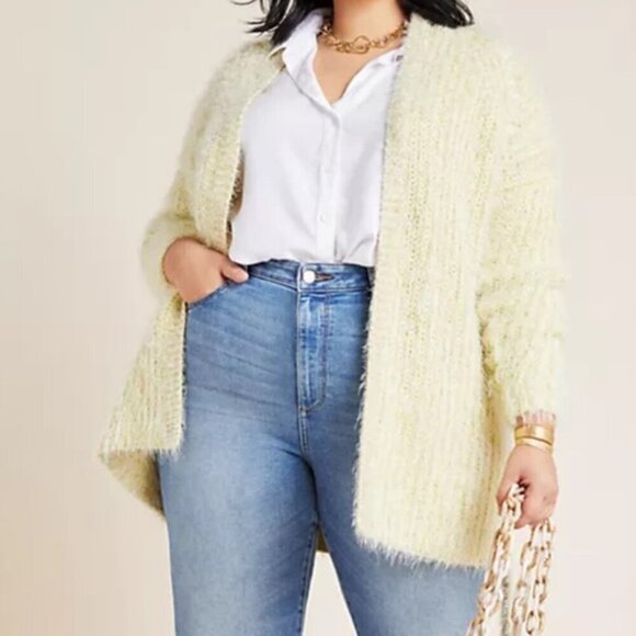 Anthropologie Larkin Shimmer open Cardigan Sweater eyelash yellow size Medium - Picture 2 of 11